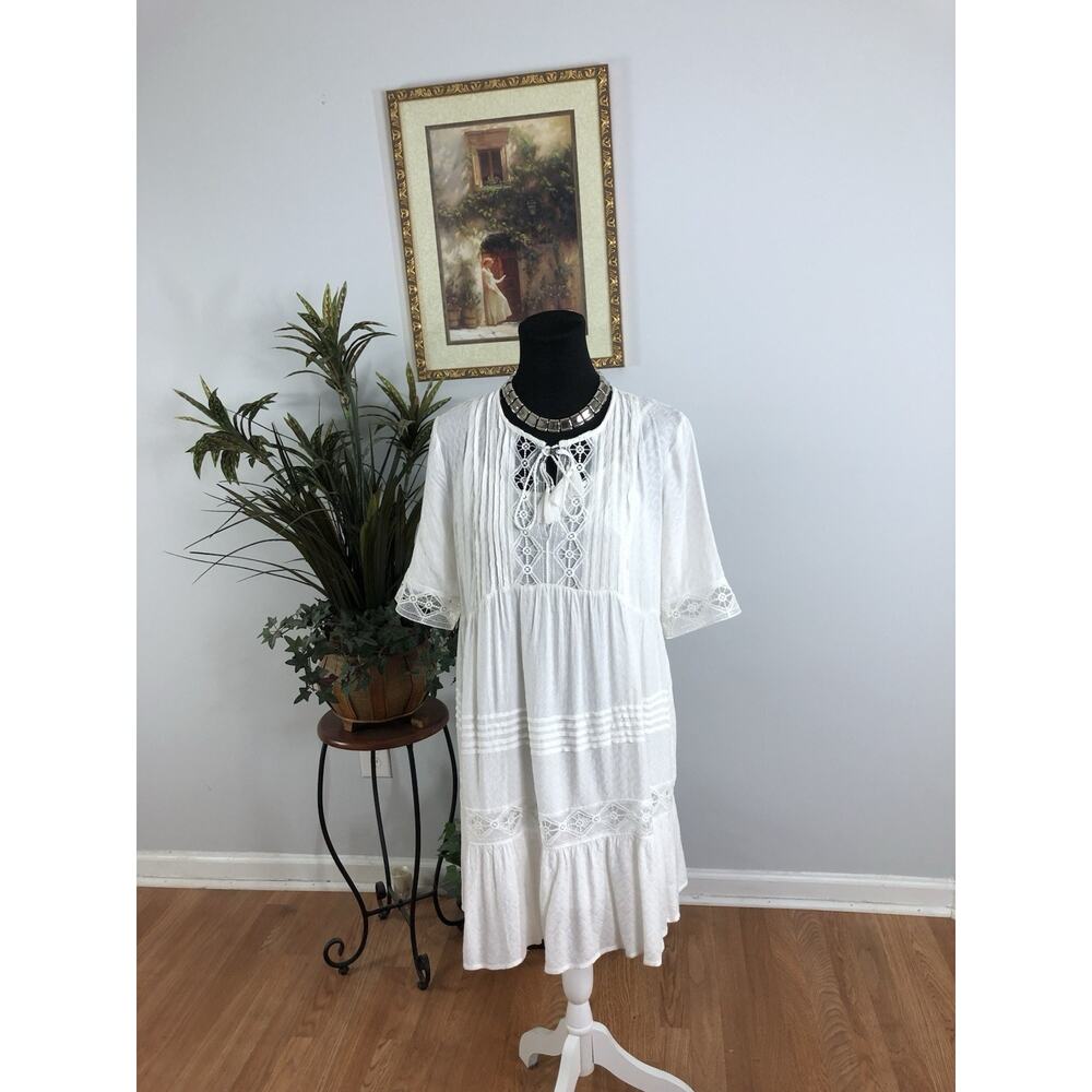 Knox Rose Women Sheath Dress SM Pullover Empire Waist Boho White Short Sleeve